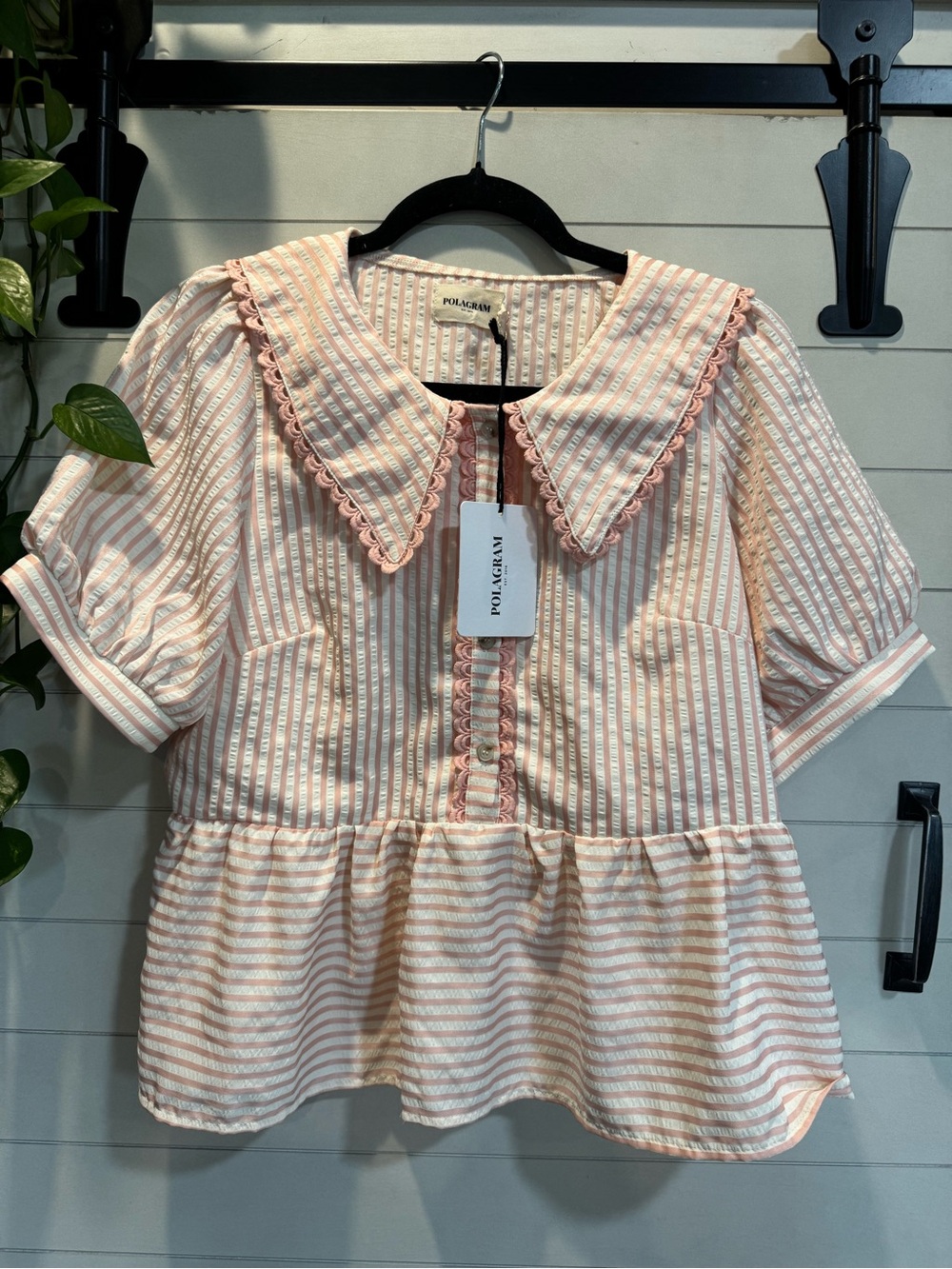 Polagram Pink and White Striped Peplum Blouse with Scallop Collar